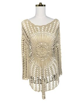 PO-EX J Valdi Crochet Open Knit Cover Up L/XL Beige Rose Medallion Boho Beach